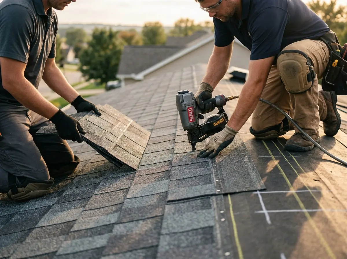 Professional roofer working on a residential roof in Siesta Key